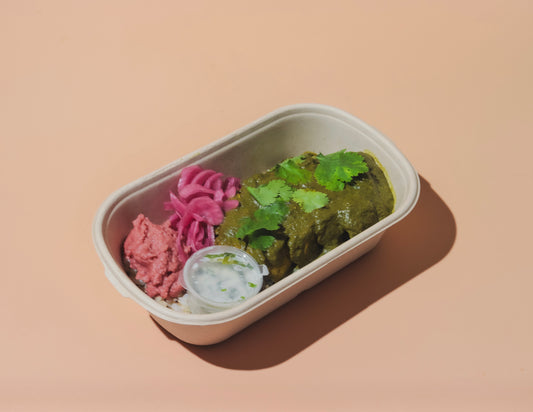 Tofu Palak with Coconut Cilantro Sauce and Beetroot Hummus